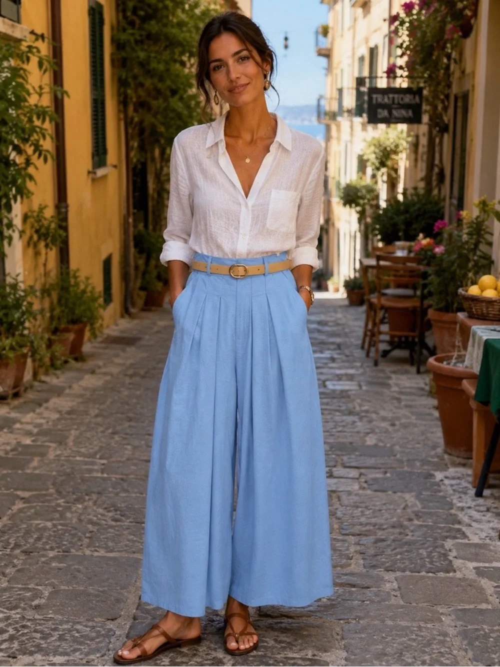 Made in Italy cotton, linen poly blend. High Waist, Wide Leg Stretchy Pants